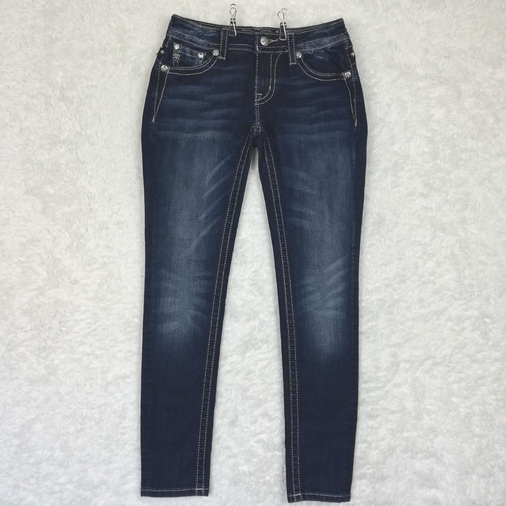 Miss Me Womens Jeans Mid Rise Skinny Blue Denim Flap Pocket Dark Wash Jeweled 26
